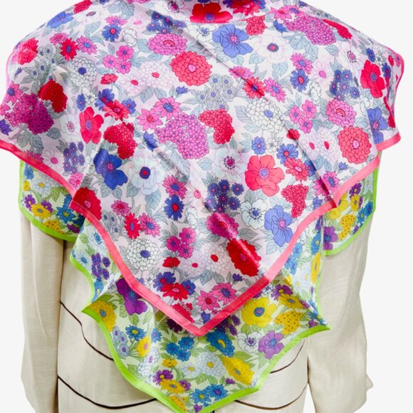 New  2 Renoma Paris  Mini Scarf  cotton/silk 21" , pink green purple floral (42) - Picture 3 of 11